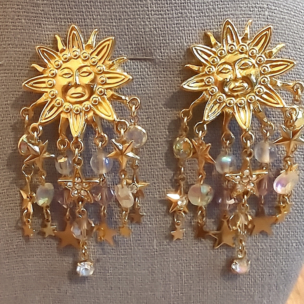 Vintage Kirks Folly Sun Face Moon Celestial Clip Earrings